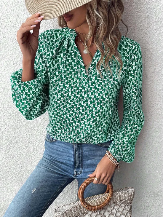 Women's Long Sleeve Shirt Spring/Fall Green Geometric Split Joint V Neck Balloon Sleeve Daily Going Out Casual Top