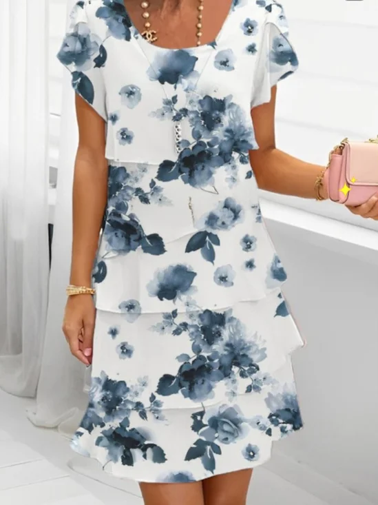 Floral Print Casual Crew Neck Short Sleeve Spring/Summer Chiffon Dress