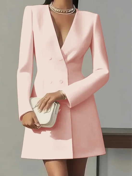 Elegant Long Sleeved Double-Breasted Plain V-neck Suit French Dress