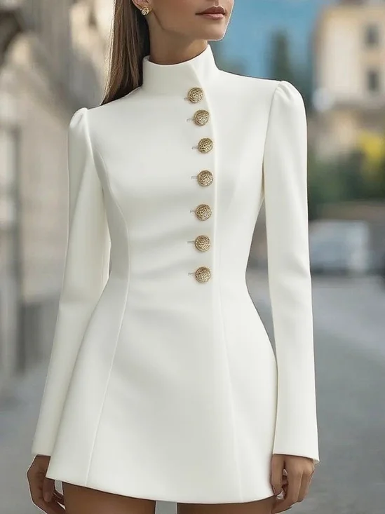 Elegant Plain Long Sleeve Stand Collar Button Dress