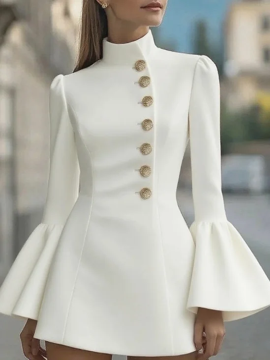 Elegant Stand Collar Form-Fitting Plian Stand Collar Flared Sleeve Suit Dress