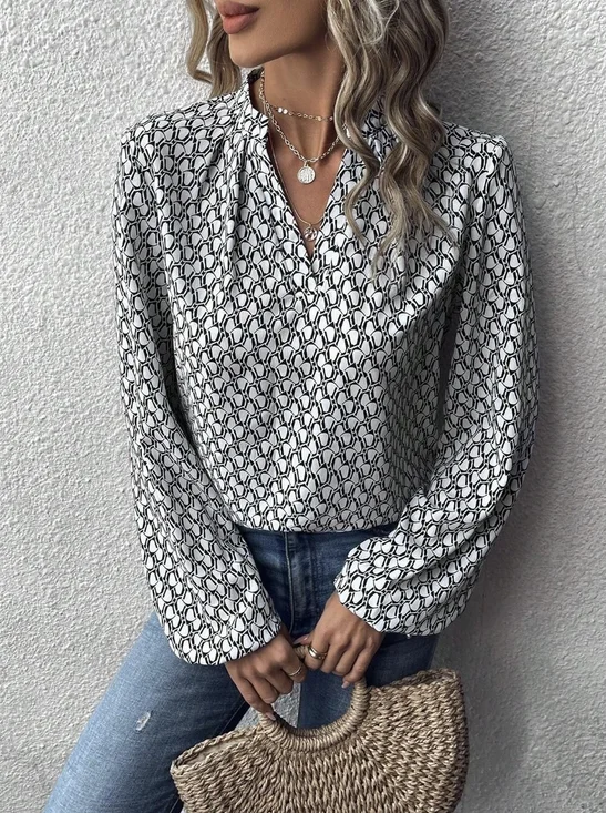 Women's Long Sleeve Shirt Spring/Fall Green Geometric Split Joint V Neck Balloon Sleeve Daily Going Out Casual Top