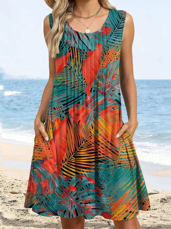 Leaf Print Sleeveless Vacation Crew Neck Pleated Casual Dress