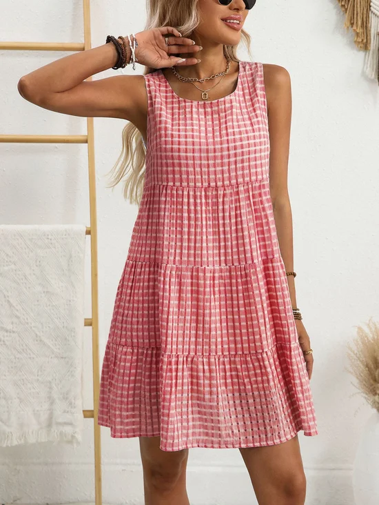 Plaid Crew Neck Sleeveless Going Out Casual  Dress