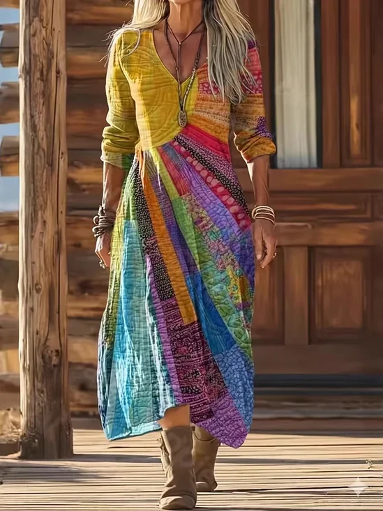 Elegant 3D Printing V Neck Long Sleeve A-Line Casual Maxi Dress