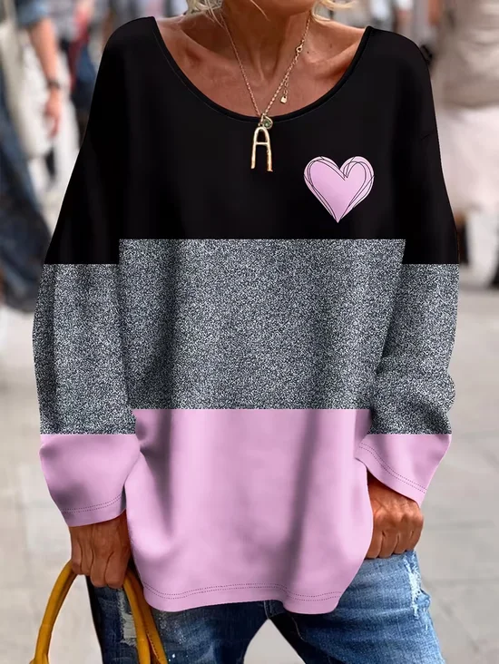 Women's Long Sleeve T-shirt Spring/Fall As Picture Heart/Cordate Printing V Neck Daily Going Out Casual Top