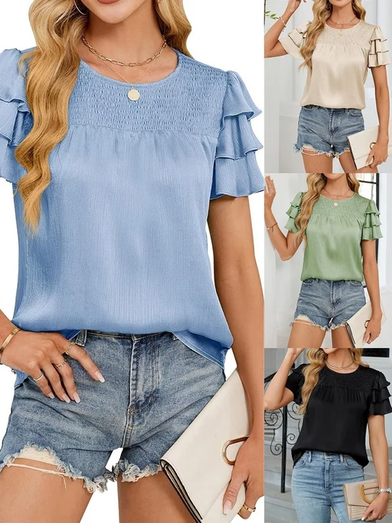 Satin Plain Smock Crew Neck Short Sleeve Casual Blouse