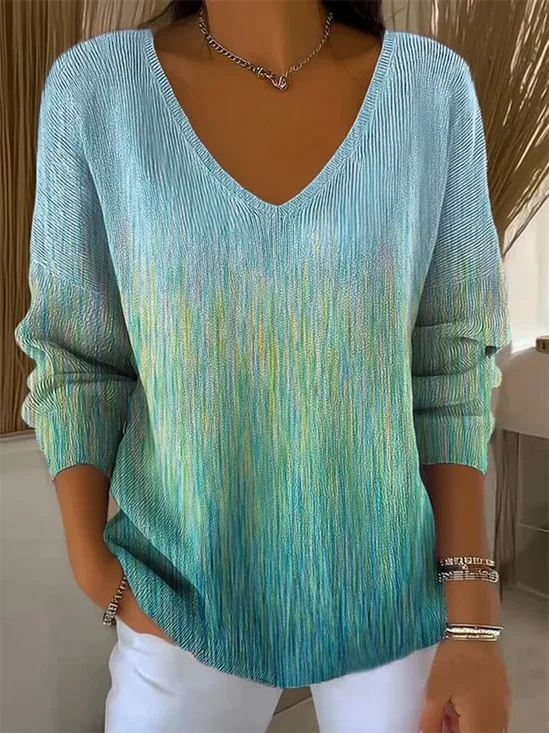Women's Long Sleeve T-shirt Spring/Fall Green Abstract Printing V Neck Daily Going Out Casual Top