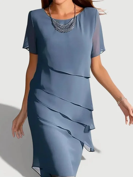 Women’s Dusty Blue Layered Ruffle Sheer Short Sleeve Semi-Formal Chiffon Dress