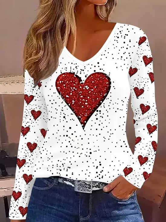 Women's Long Sleeve T-shirt Spring/Fall White Heart/Cordate Printing Jersey V Neck Daily Going Out Casual Top