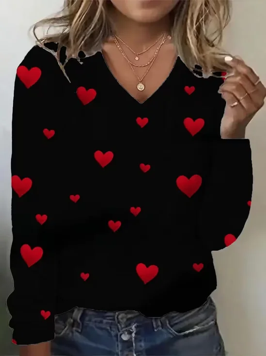 Women's Long Sleeve T-shirt Spring/Fall Black Heart/Cordate Printing Jersey V Neck Daily Going Out Casual Top