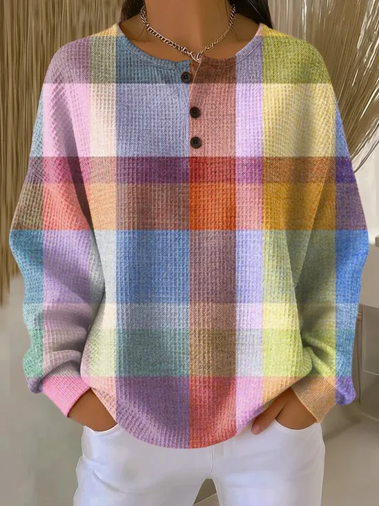 Women's Plaid Print Button-Up Casual Waffle Knit Sweatshirt