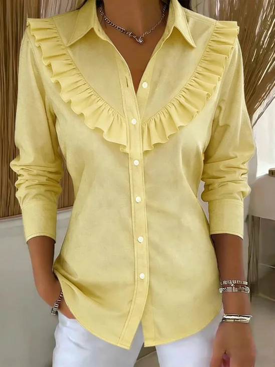 Cotton Casual Plain Peplum Shirt Collar Shirt