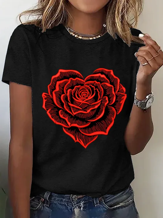 Heart-Shaped Rose Print Cotton T-Shirt