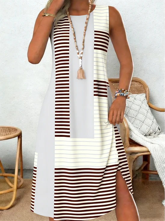 Casual Crew Neck Loose Plaid Dress With No