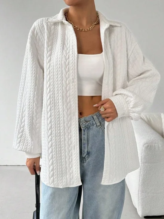 Women's Long Sleeve Shirt Spring/Fall White Plain Split Joint Shirt Collar Daily Going Out Casual Top