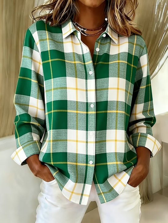 Women's Long Sleeve Shirt Spring/Fall Green Plaid Buckle Shirt Collar Regular Sleeve Daily Going Out Casual Top