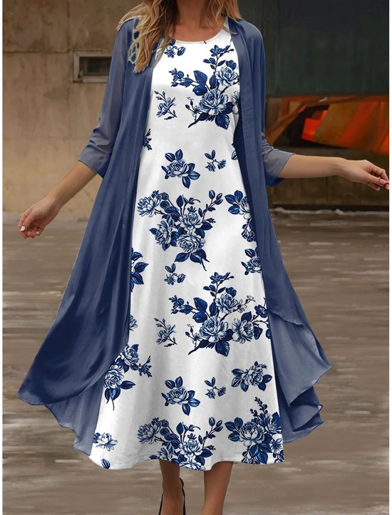 Long Dress Set A-Line Skirt Three-Quarter Sleeves Floral Pattern Bohemian Style Perfect For Vacation And Beach Wear.