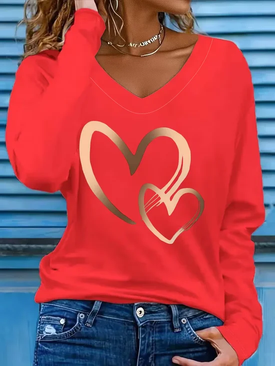 Women's Long Sleeve T-shirt Spring/Fall Red Heart/Cordate Printing Jersey V Neck Daily Going Out Casual Top