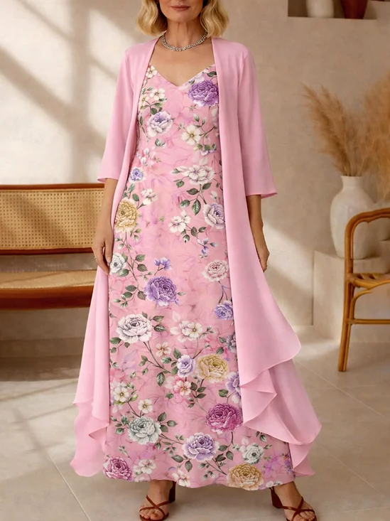 Women's Long Dress Set, A-Line Skirt, Bohemian Style Beach Dress With Floral Pattern, Three-Quarter Sleeves.