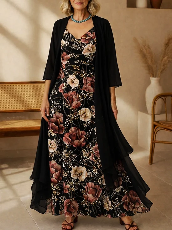 Women's Long Dress Set, A-Line Skirt, Bohemian Style Beach Dress With Floral Pattern, Three-Quarter Sleeves.