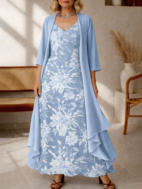 Women's Long Dress Set, A-Line Skirt, Bohemian Style Beach Dress With Floral Pattern, Three-Quarter Sleeves.
