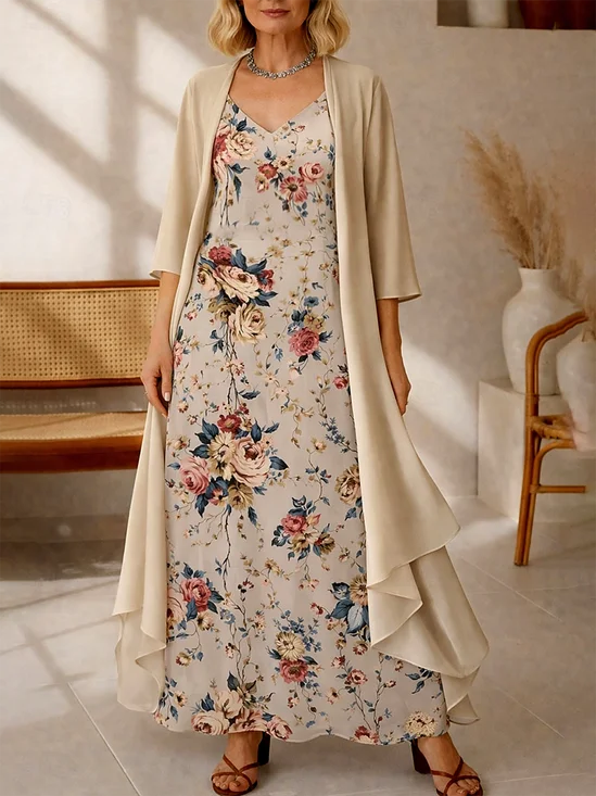 Women's Long Dress Set, A-Line Skirt, Bohemian Style Beach Dress With Floral Pattern, Three-Quarter Sleeves.