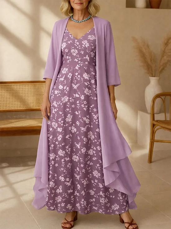 Women's Long Dress Set, A-Line Skirt, Bohemian Style Beach Dress With Floral Pattern, Three-Quarter Sleeves.
