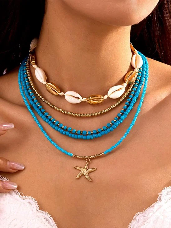Vacation Beach Seashell Necklace Ocean Shell Double-Layered Necklace Clavicle Chain.
