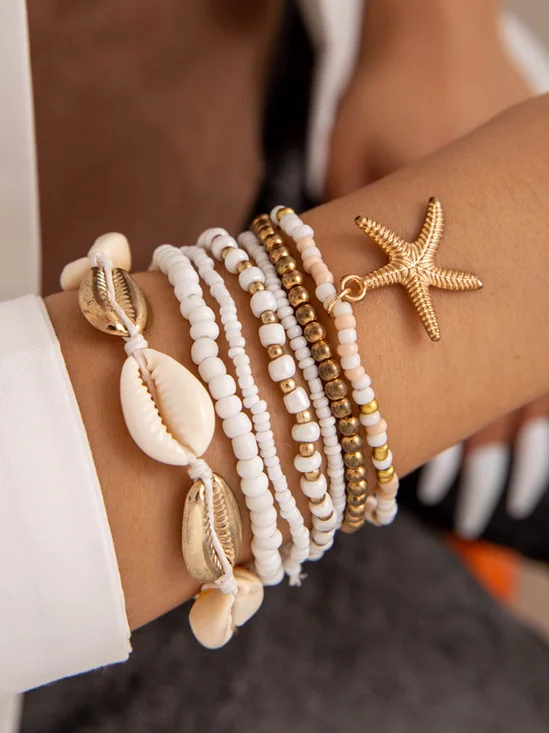 Bohemian Style Vacation-Themed Beaded Woven Bracelet Set With Starfish And Seed Beads (7 Pieces)