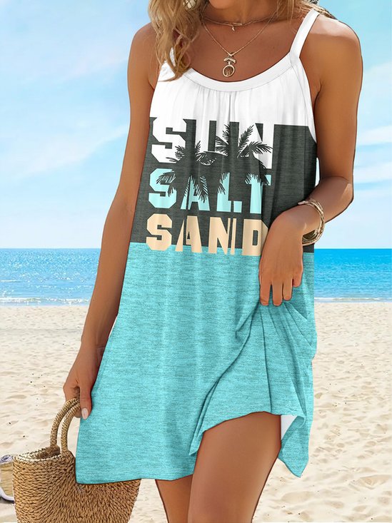 Women's Coconut Tree Tummy Coverage Lettern Print Vacation Short Dress