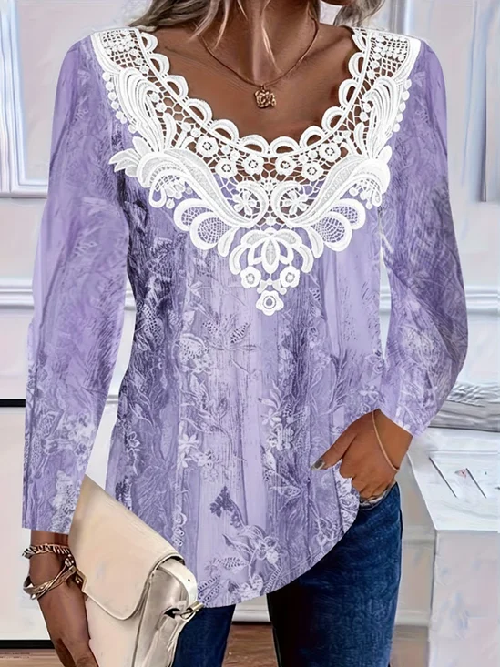 Women's Long Sleeve T-shirt Spring/Fall Purple Abstract Printing Crew Neck Daily Going Out Casual Top