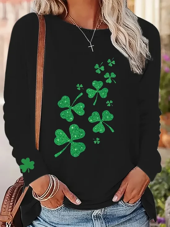 Women's Long Sleeve T-shirt Spring/Fall Black Shamrock Printing Jersey Crew Neck Daily Going Out Casual Top