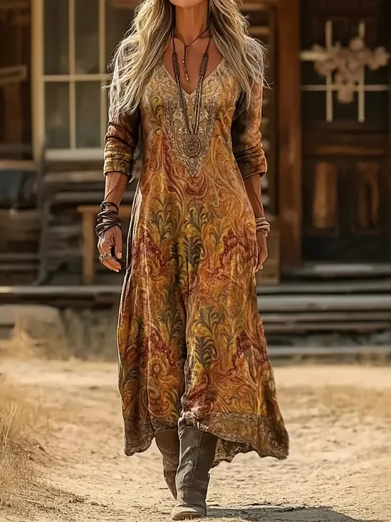 Women's Long Sleeve Spring/Fall Yellow Brown Abstract Printing V Neck Daily Going Out Vintage Maxi H-Line Dress