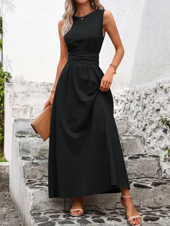 Elegant Plain Sleeveless Crew Neck Wrinkle Maxi Dress