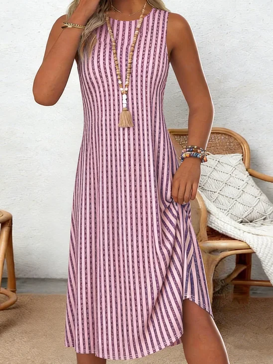 Women's Casual Sleeveless Striped Midi Dress Pink Purple Boho Summer A-Line Tank Dress for Beach Vacation