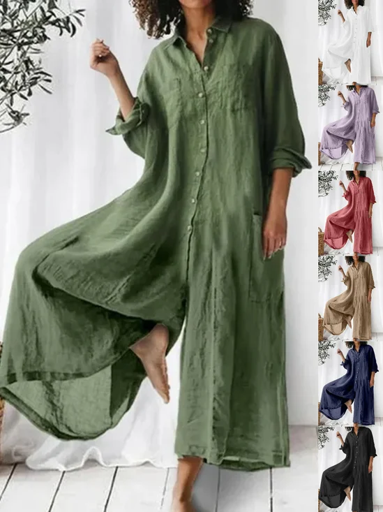 Women's H-Line Shirt Shawl Collar Daily Going Out Casual Split Joint Cotton-Blend Plain Spring/Fall Long Jumpsuit Romper