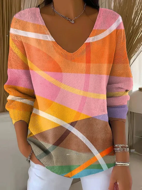 Women's Long Sleeve T-shirt Spring/Fall Orange Abstract Printing V Neck Daily Going Out Casual Top