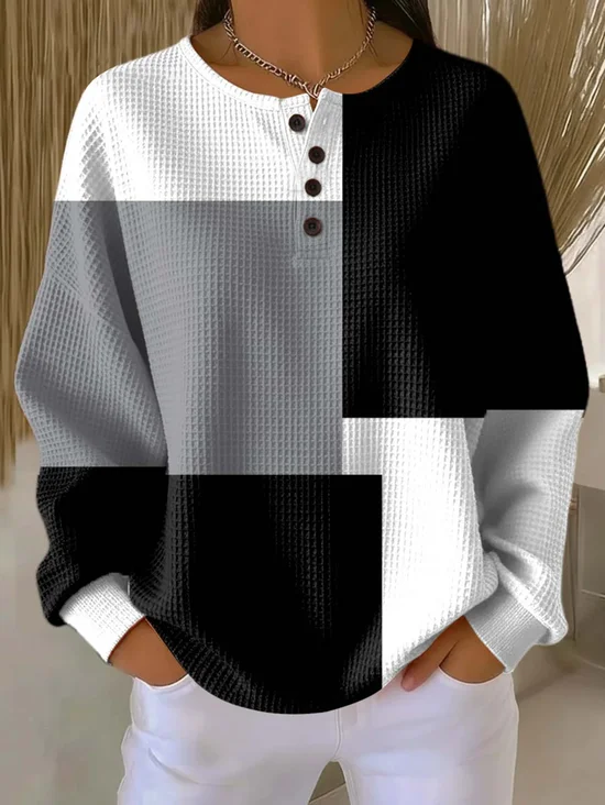 Women's Color Blocking Print Button-Up Casual Waffle Knit Sweatshirt
