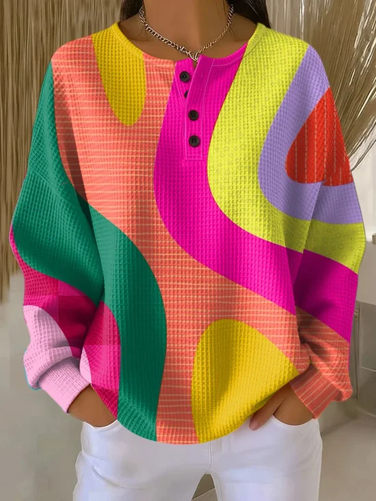 Women's Color Blocking Print Button-Up Casual Waffle Knit Sweatshirt
