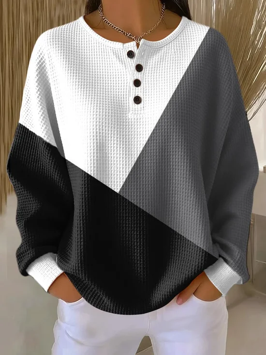Women's Color Matching Print Button-Up Casual Waffle Knit Sweatshirt