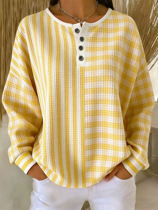 Waffle Textured Plaid & Stripe Color Block Henley Sweatshirt