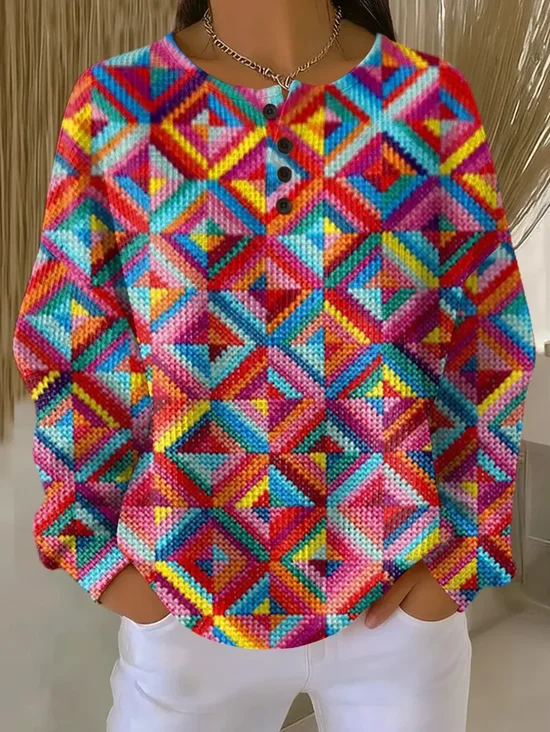 Women's Abstract Print Button-Up Casual Waffle Knit Sweatshirt