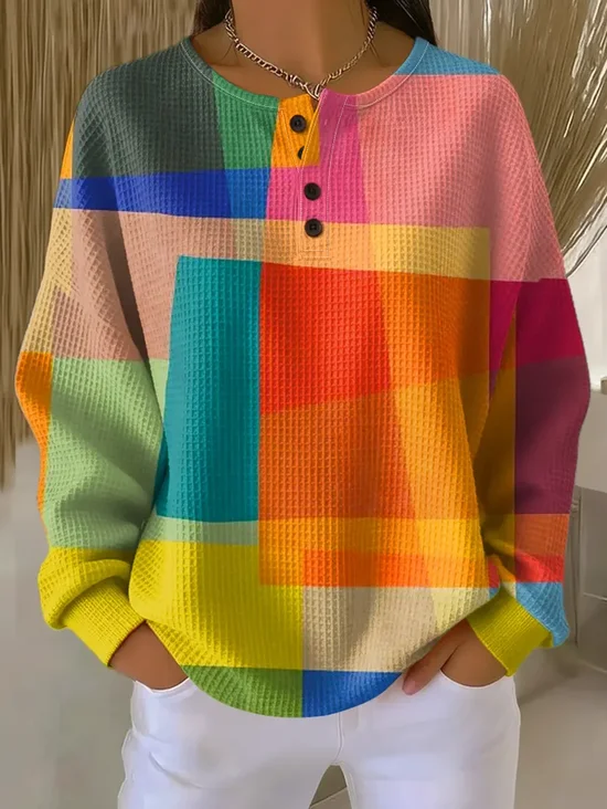 Women's Abstract Print Button-Up Casual Waffle Knit Sweatshirt