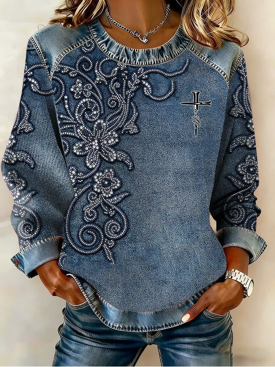Women's Simulated Denim Print Patchwork Denim Crewneck Long-Sleeved Sweatshirt