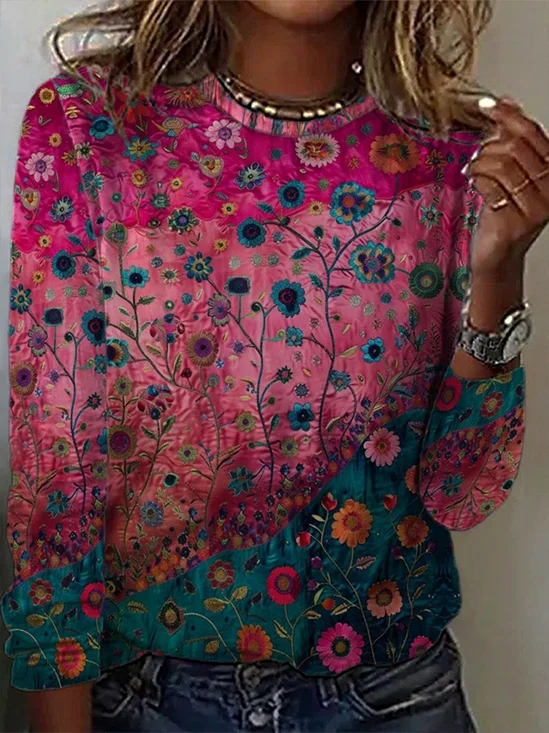 Women's Long Sleeve T-shirt Spring/Fall Purple Floral Printing Jersey Crew Neck Daily Going Out Casual Top