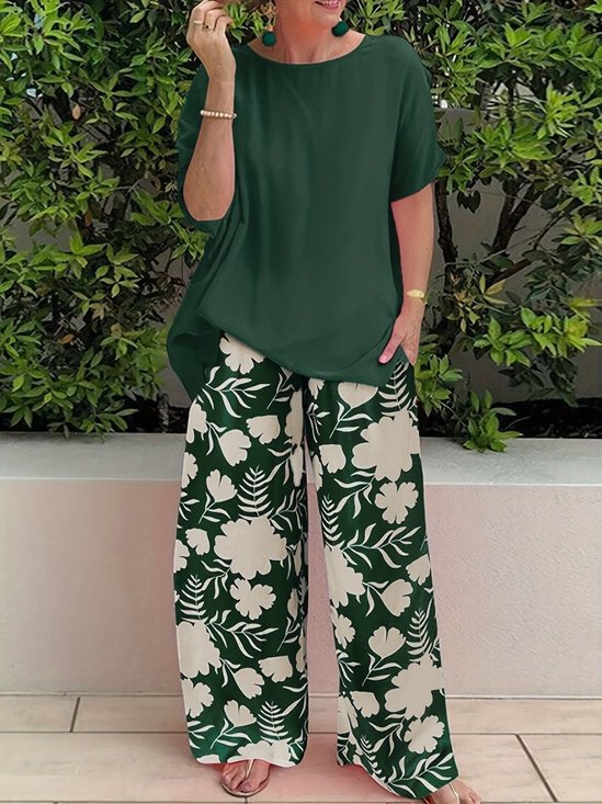 Women's Split Joint Plain Daily Going Out Two-Piece Set Green Casual Summer Top With Pants Matching Set