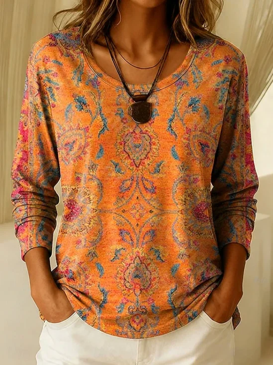 Women's Long Sleeve T-shirt Spring/Fall Orange Floral Printing Jersey Crew Neck Daily Going Out Casual Top