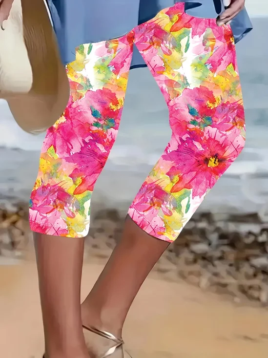 Women's  Elastic Waist H-Line Legging Daily Going Out Pants Pink Casual Printing Floral Summer Pants