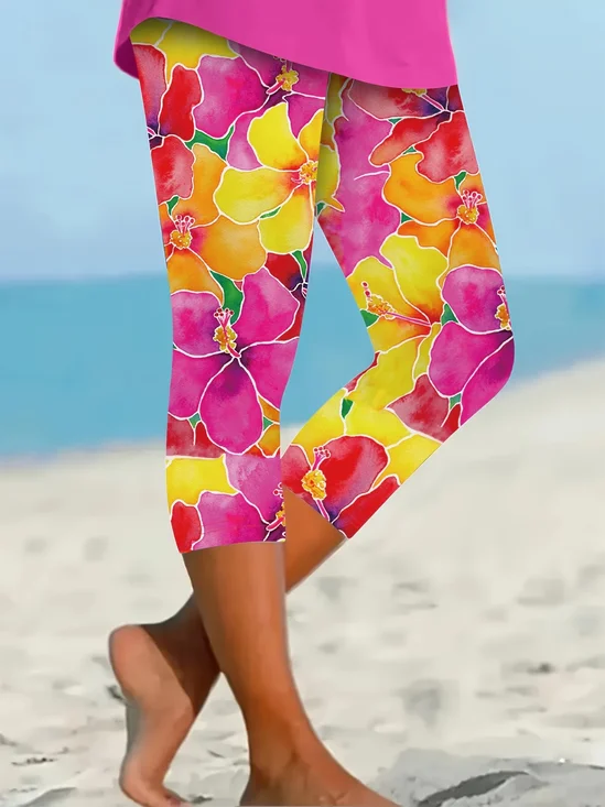 Women's  Elastic Waist H-Line Legging Daily Going Out Pants Pink Casual Printing Floral Summer Pants